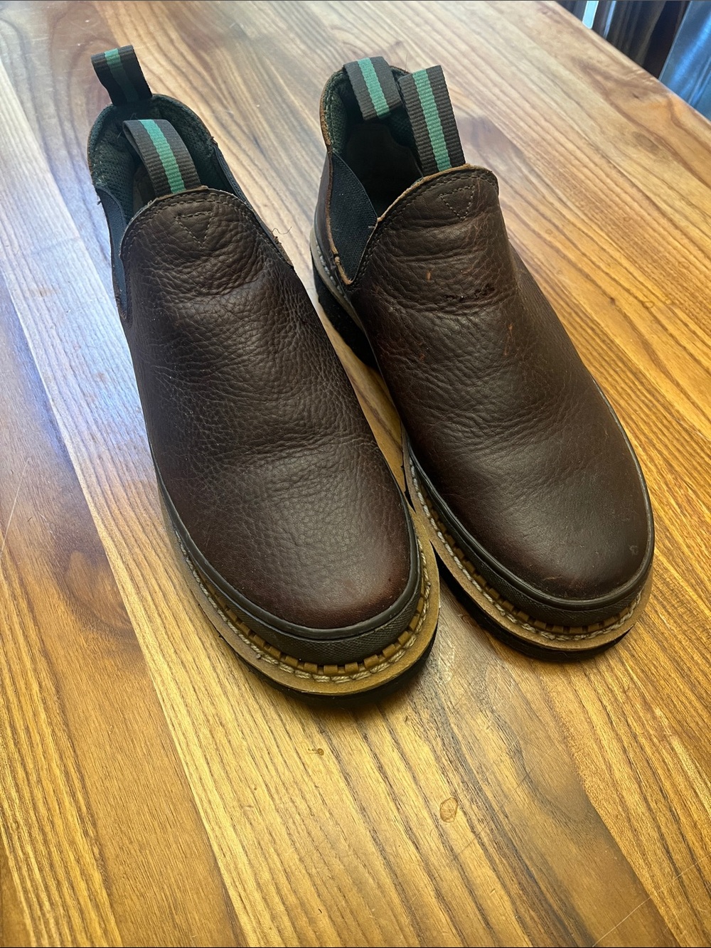 Georgia Boot Brown Slip-On Work Boots with Green Strap Accent